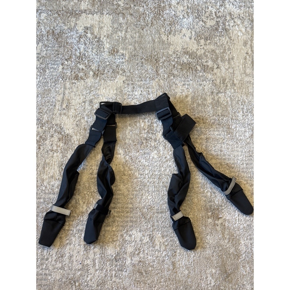Harness system for dog foot and leg covers.